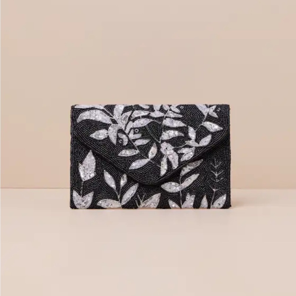Lulu’s Shiny Exquisiteness Black and Silver Beaded Leaf Clutch
